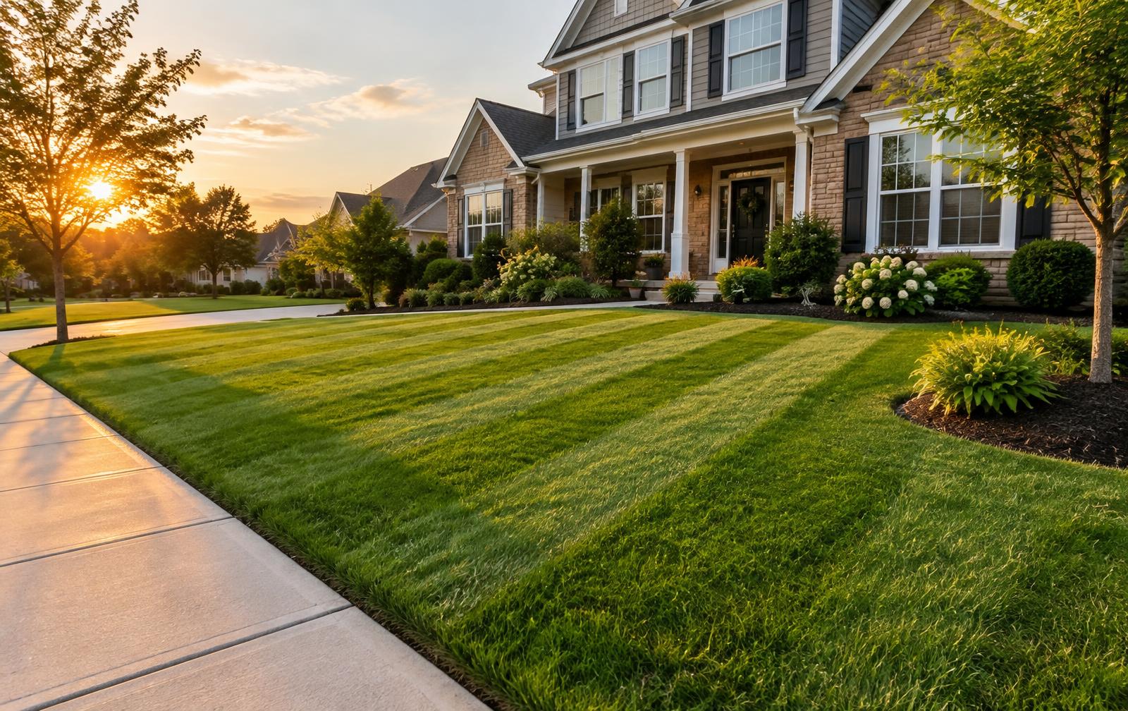 Freshly striped and edged front lawn